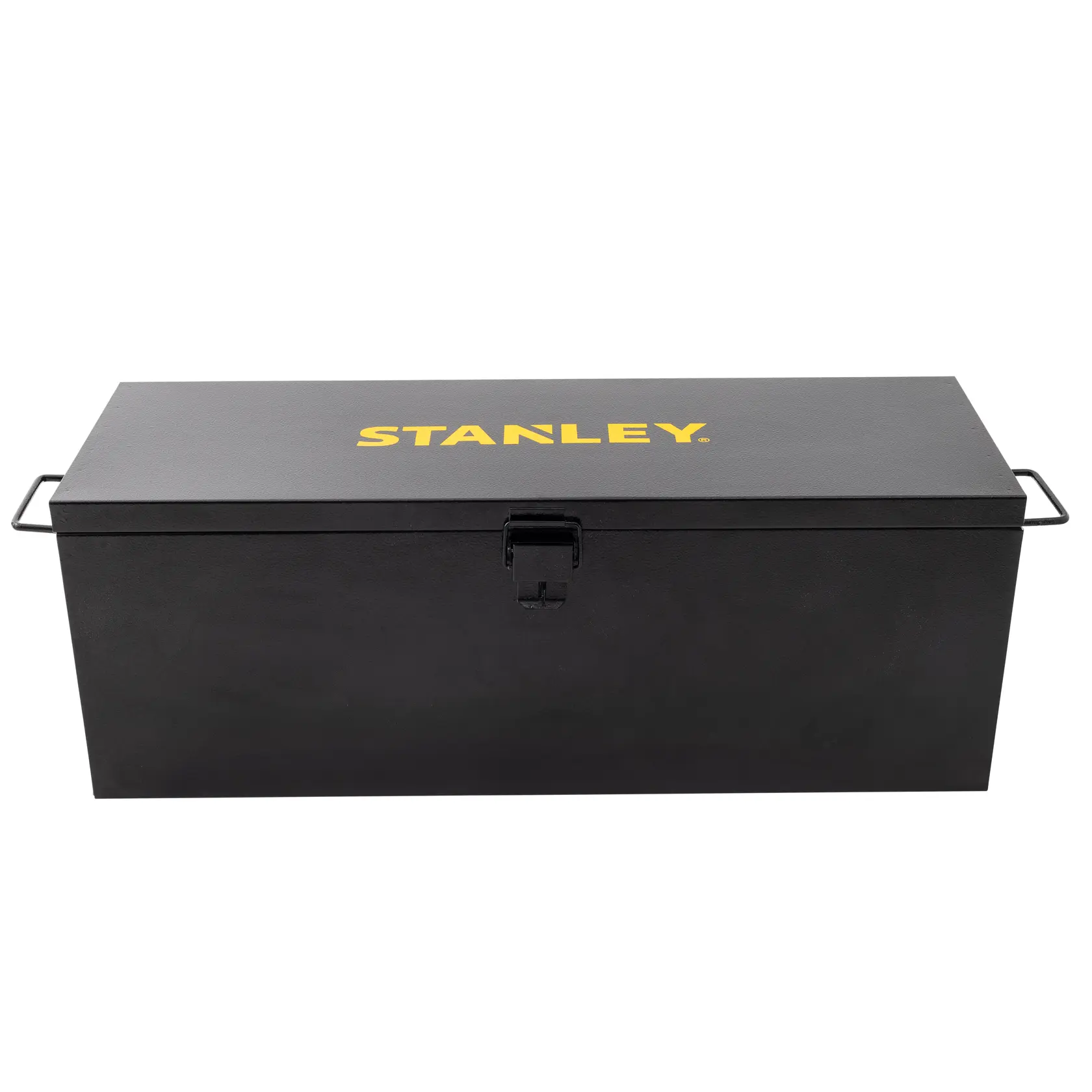 Caja de herramientas metálica negra STANLEY STST98727LA con logotipo amarillo, vista frontal sobre fondo blanco.
