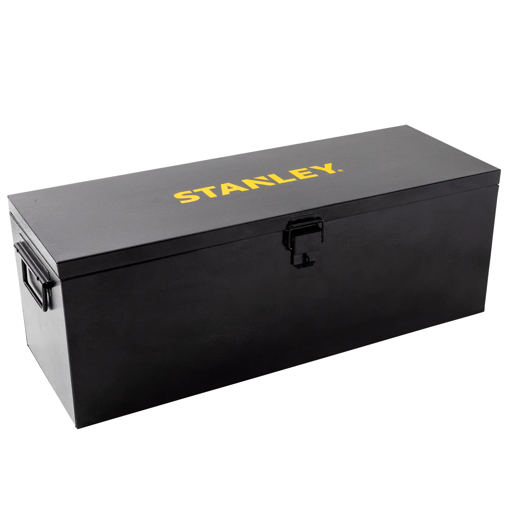 Caja de herramientas STANLEY STST98727LA de acero negro con cierre y asas laterales, vista angular sobre fondo blanco.
