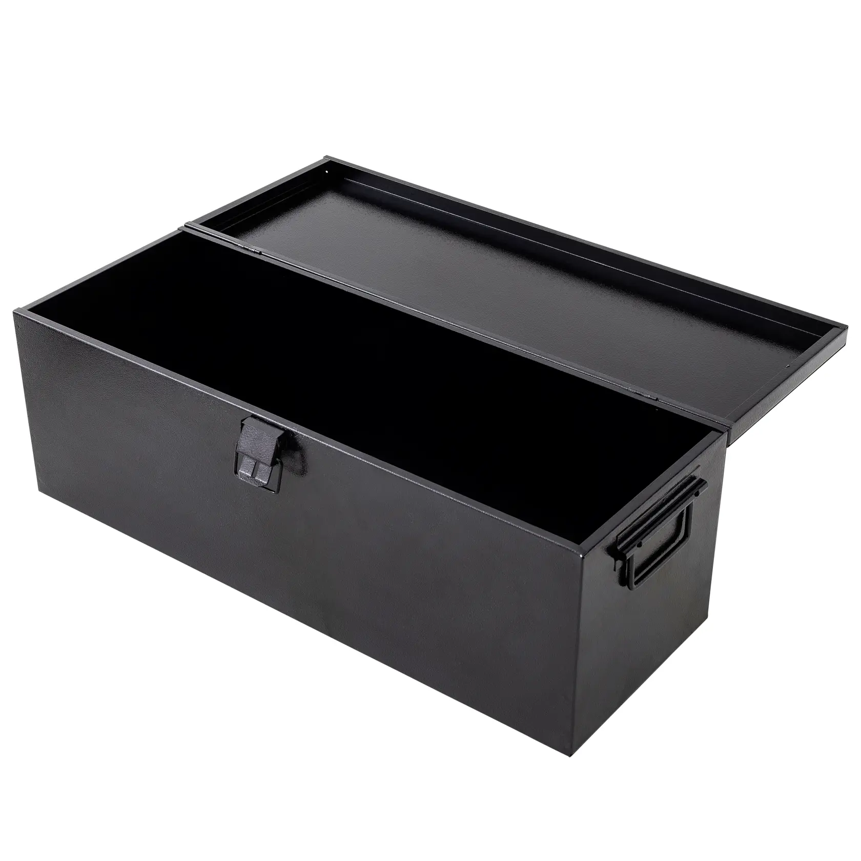 STANLEY STST98727LA caja de almacenamiento de acero negra con tapa deslizante abierta, vista en ángulo sobre fondo blanco.