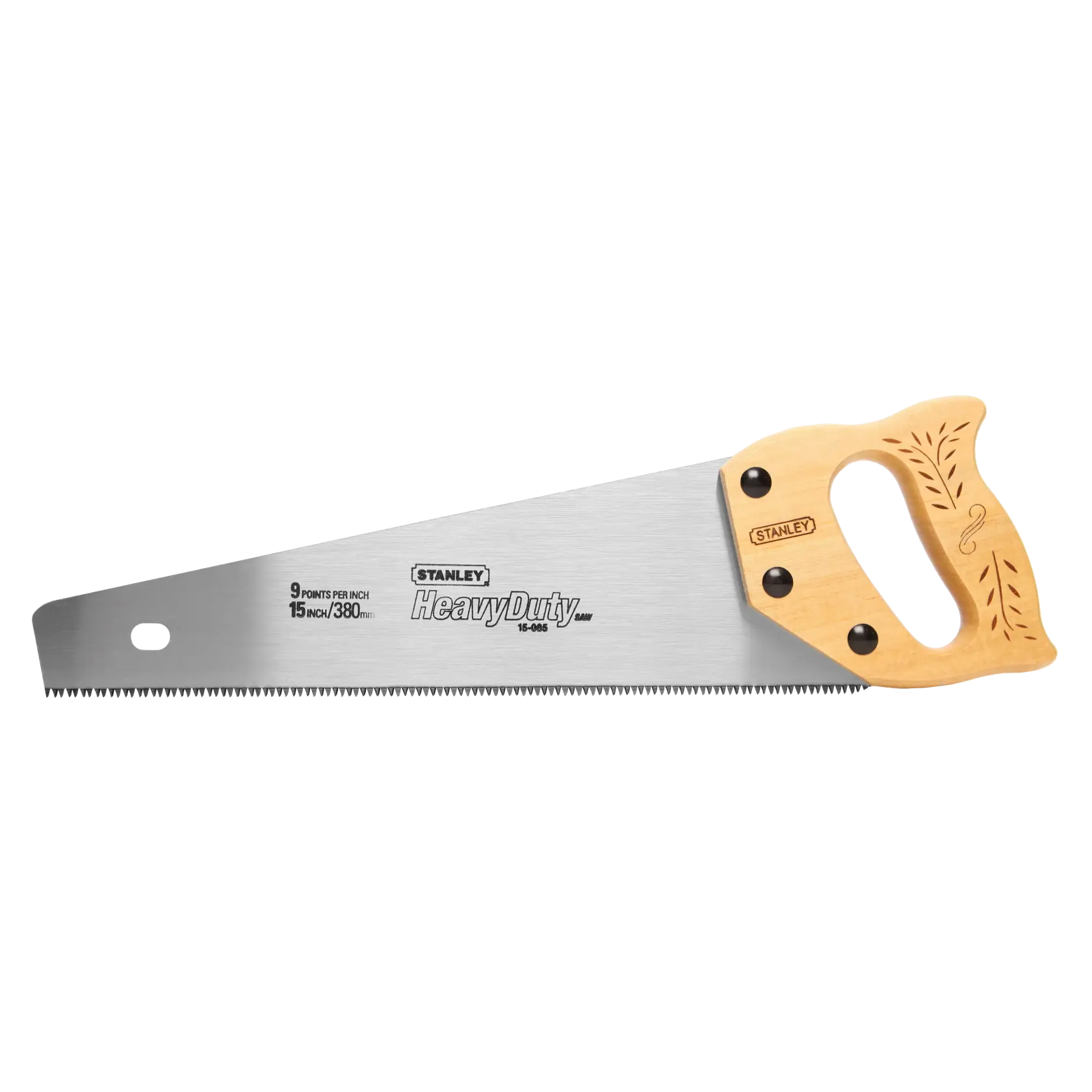 Sierra manual STANLEY 15-085 Heavy Duty con mango de madera, ángulo lateral, fondo blanco.